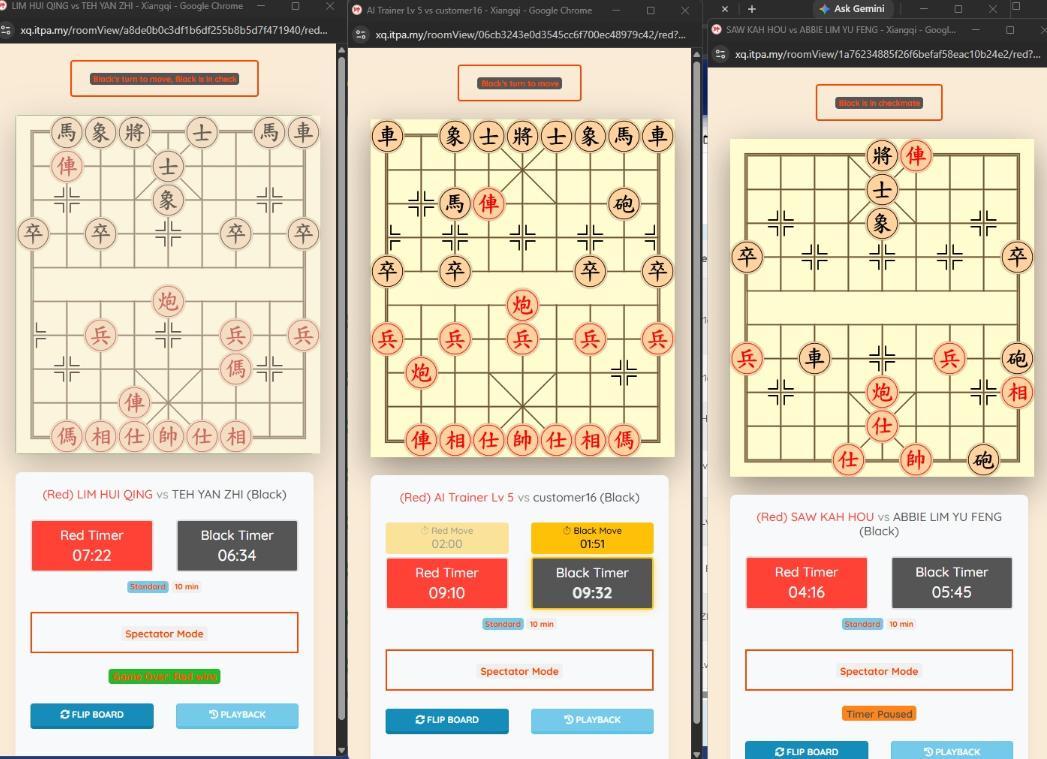 ITPA coach view of several live Xiangqi student and AI games