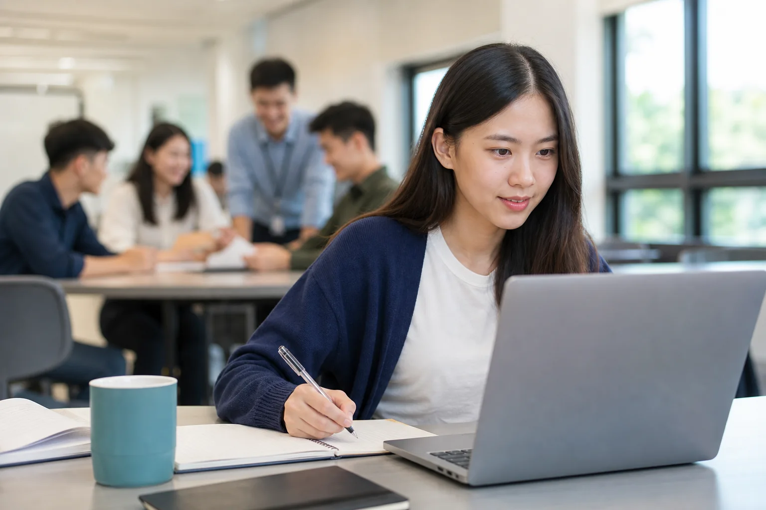 Malaysian Chinese female student using a laptop and organising her work in a collaborative college environment