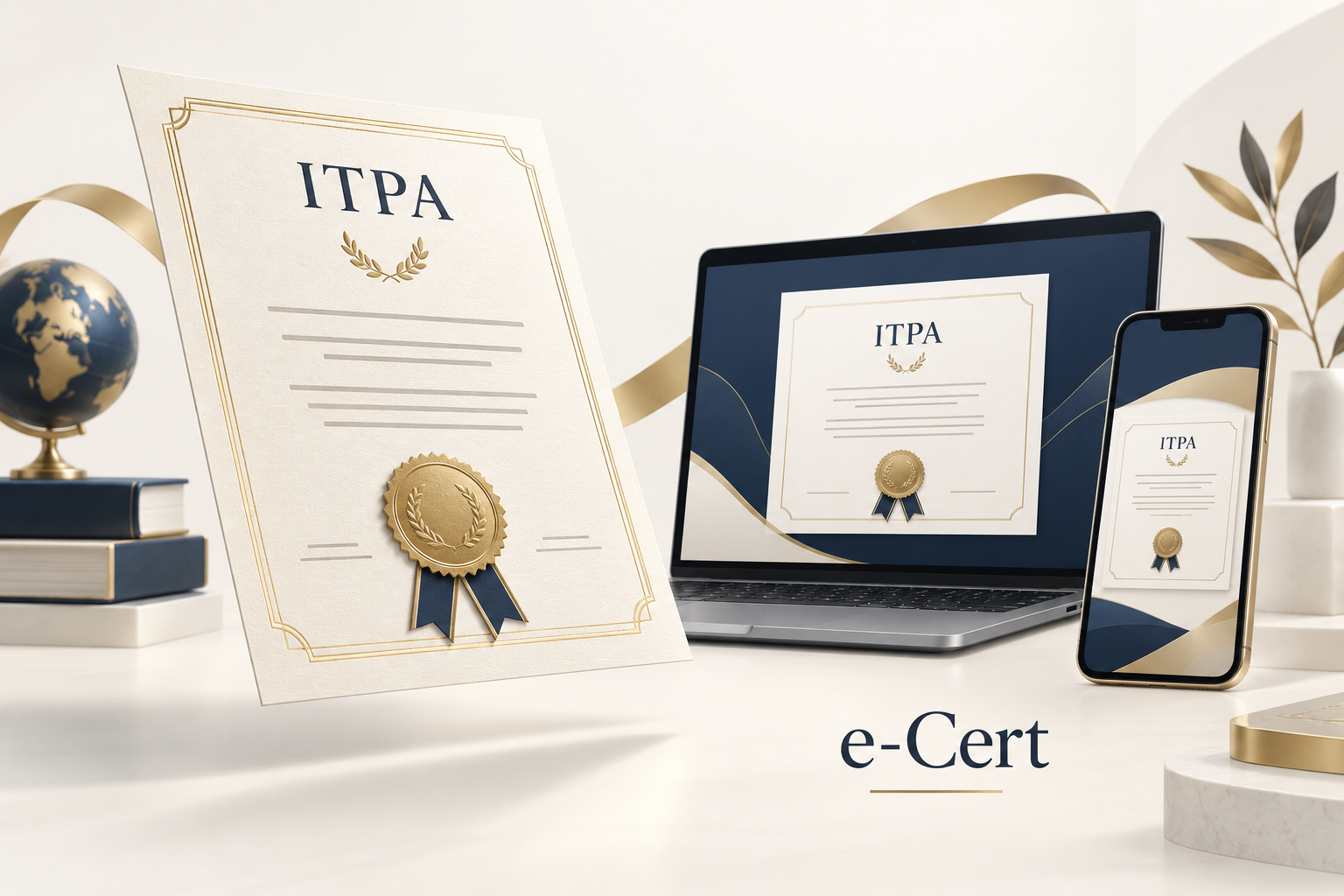 Illustration of ITPA digital certificates on a laptop and smartphone