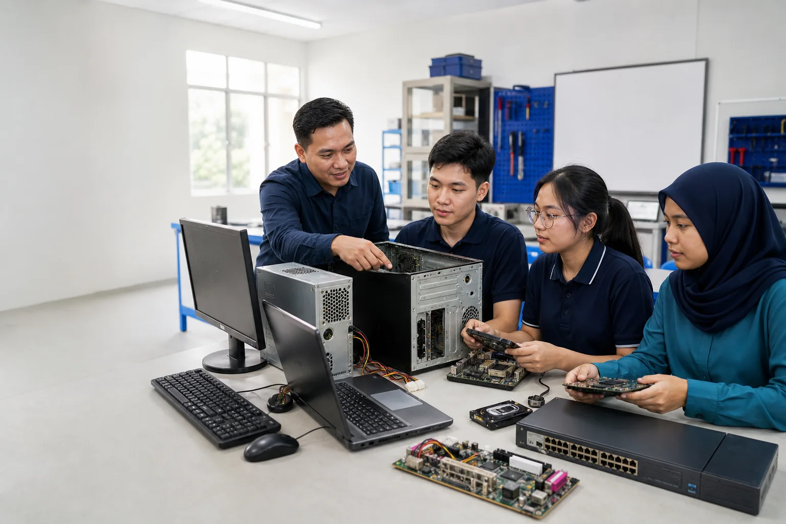 ITPA students learning from donated desktop computers laptops and networking equipment with an instructor