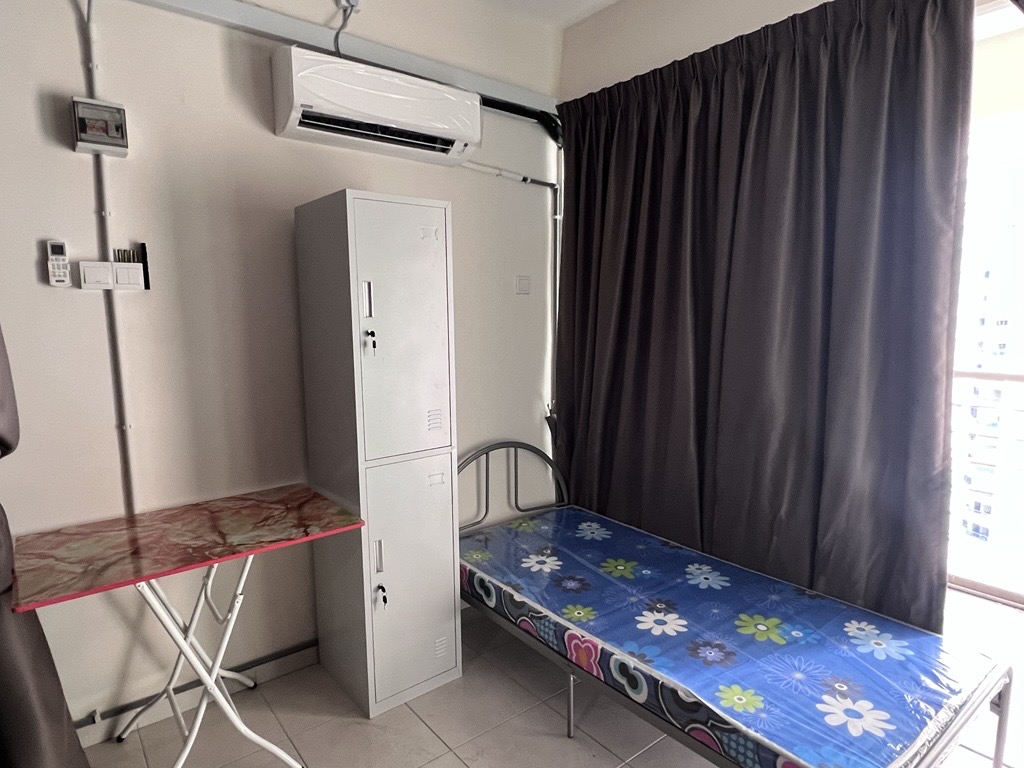 Mahsuri Square male hostel — Single bed, storage locker and air-conditioning unit