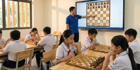Children learning International Chess in an ITPA classroom with a coach