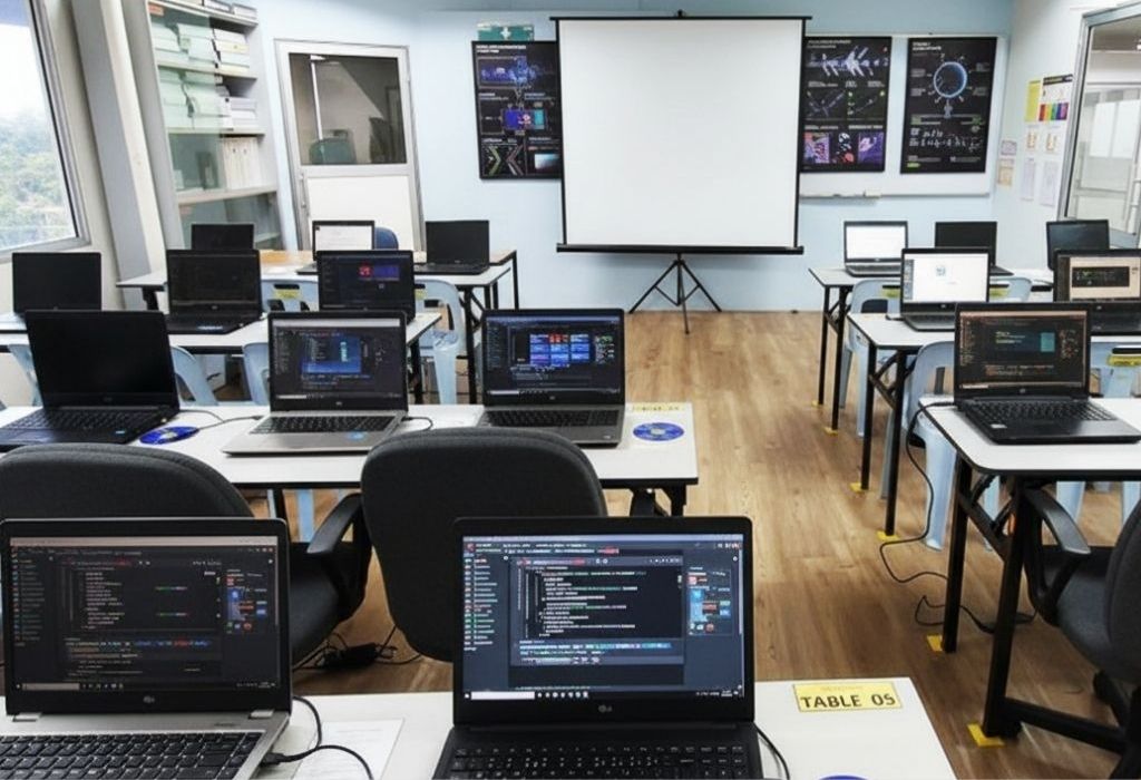 Training room prepared with multiple laptops for computer training