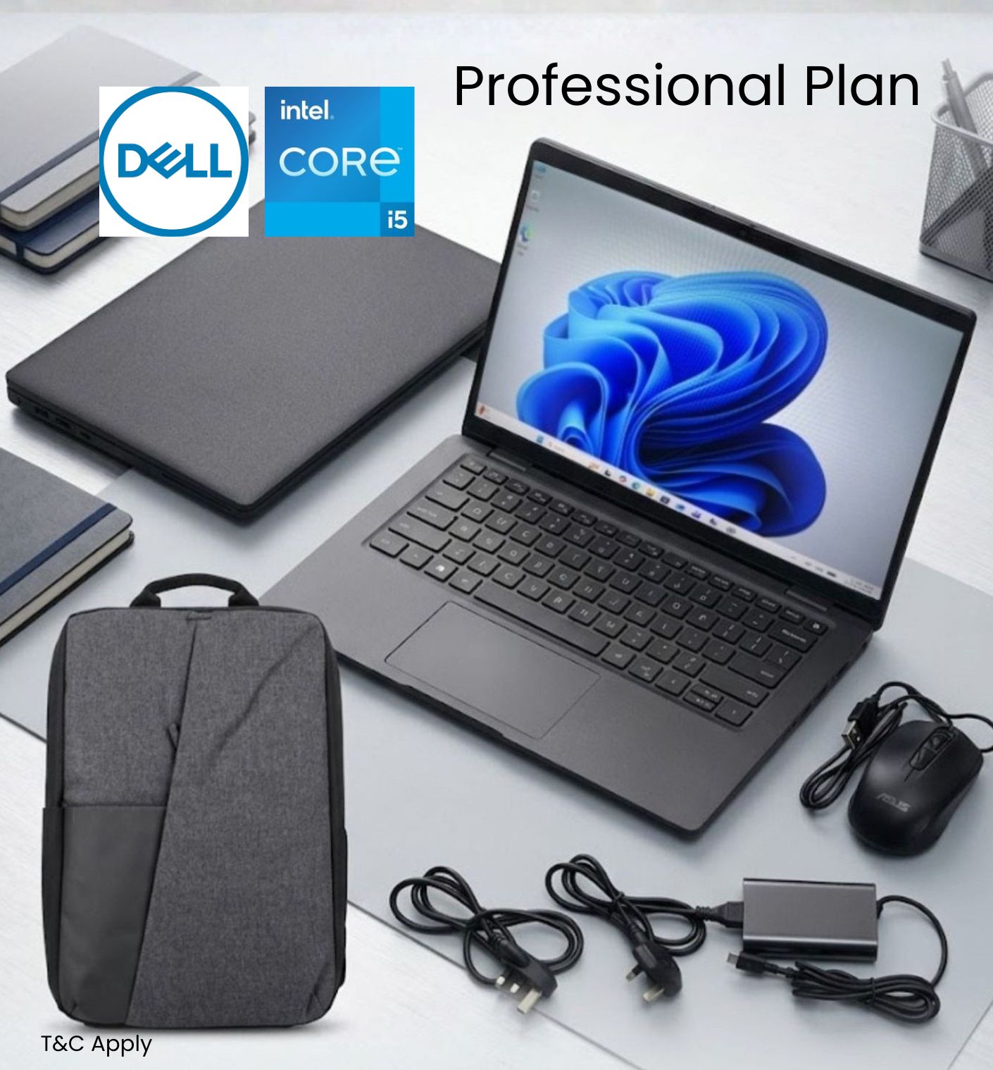 Professional laptop rental package with charger mouse and carrying bag